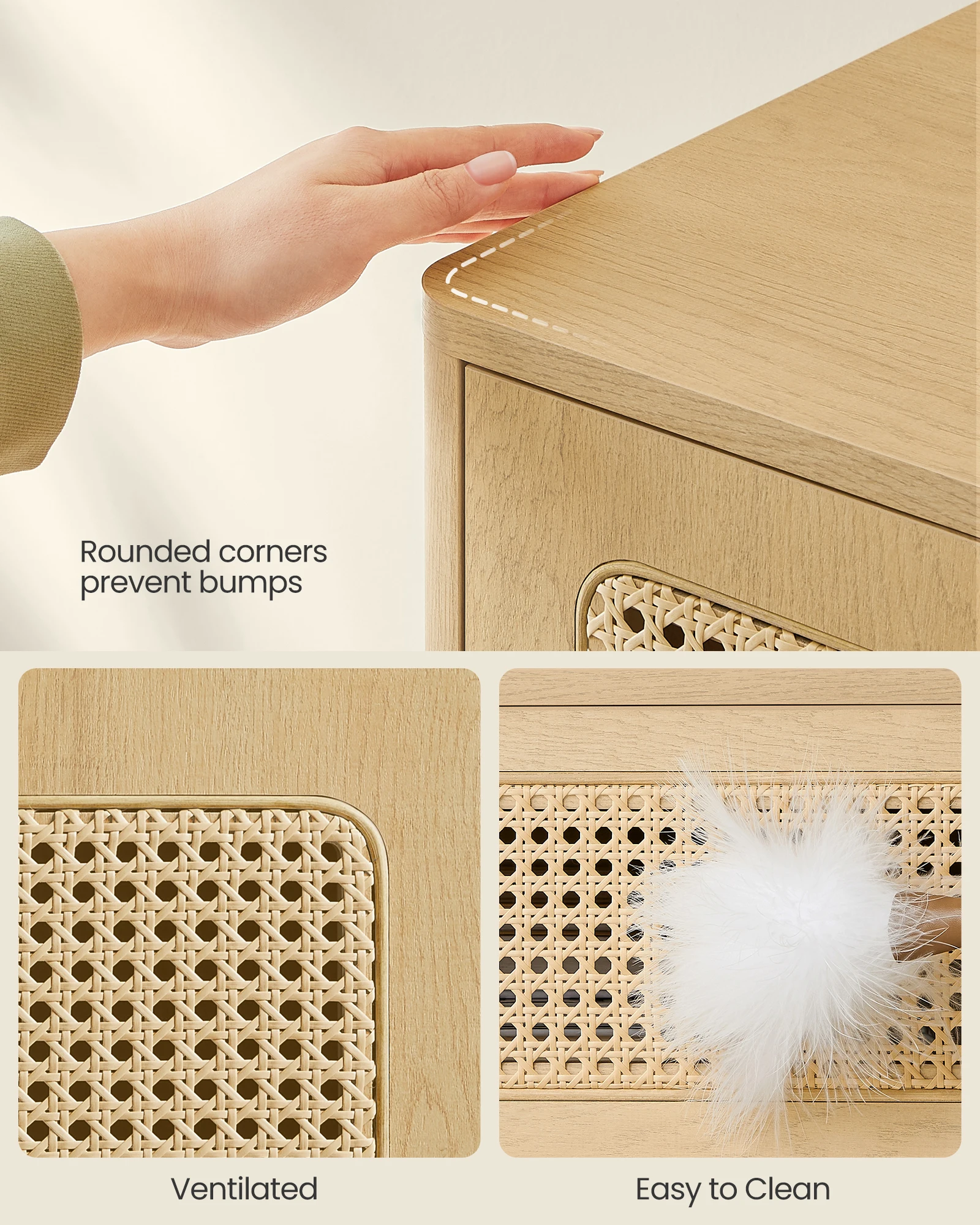 VASAGLE Modern Side Table for Bedroom Boho Bedside Table with 1 Upper Drawer Rattan Nightstand