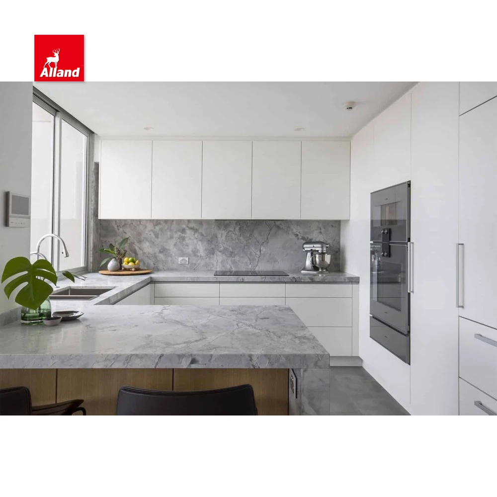 Allandcabinet white high gloss lacquer 45 degree hidden handle kitchen cabinet with countertop splashback extend and wine pantry