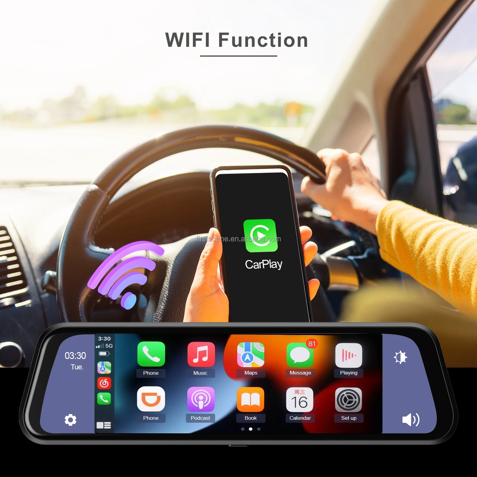 ADINKAM Carplay Android Auto 10 Inch Dual Lens Car Streaming Rearview Mirror 1080P Dash Cam Auto Registrar DVR Camera with WIFI