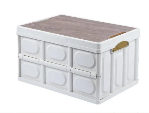 QM 30L foldable plastic storage stackable box camping folding box folding storage organizer with wood lid and handle