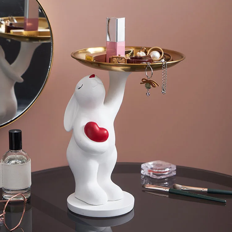 Rabbit sculpture decoration living room resin gift creative display jewelry key storage bear tray