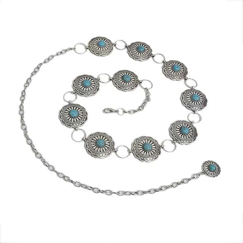 Western Turquoise Concho Chain Belt for Women Silver Oval Flowers Chain Belt Adjustable Metal Belt With Buckle for Women Dresses