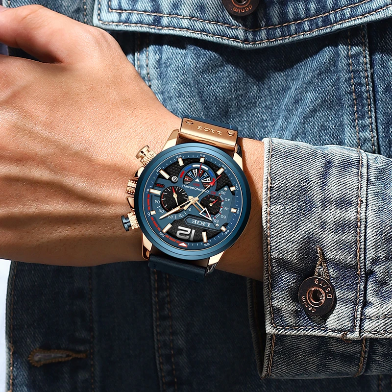 LIGE LG8959 new arrival blue male quartz watch low cost PU leather band 3 dials chronometer old sports hand watch