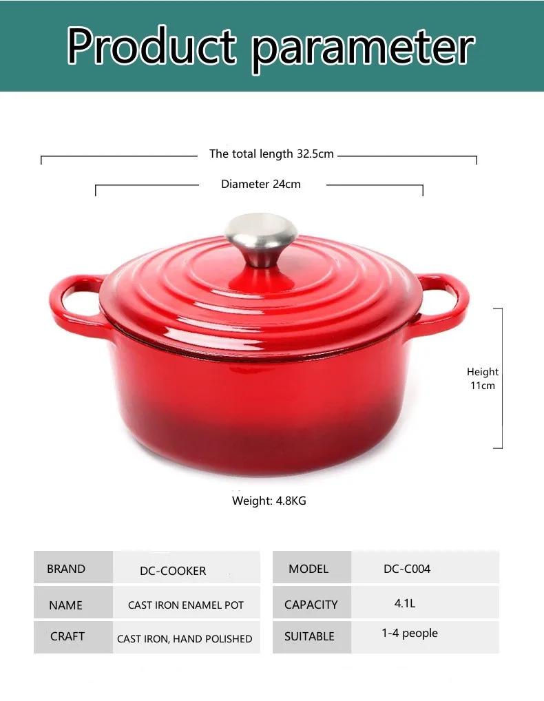 Top quality round luxury kitchen dinner red round cooking enamel cast iron non stick soup casserole pot set