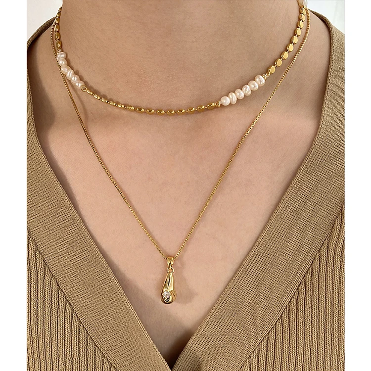 Flat Beads Chain Natural Freshwater Pearl Necklace Brass 18K Gold Plated Necklaces Women Vintage Boho Elegant Jewelry 2022 New