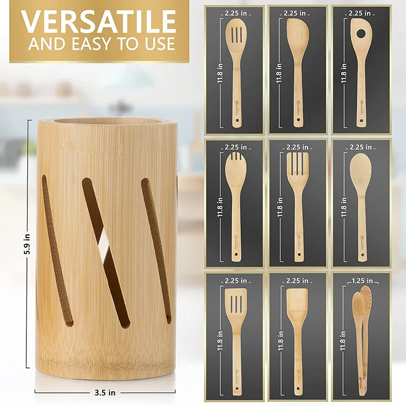11 Pcs Bamboo Cooking Utensil Set - Natural Non-Abrasive Wooden Kitchen Set Utensil