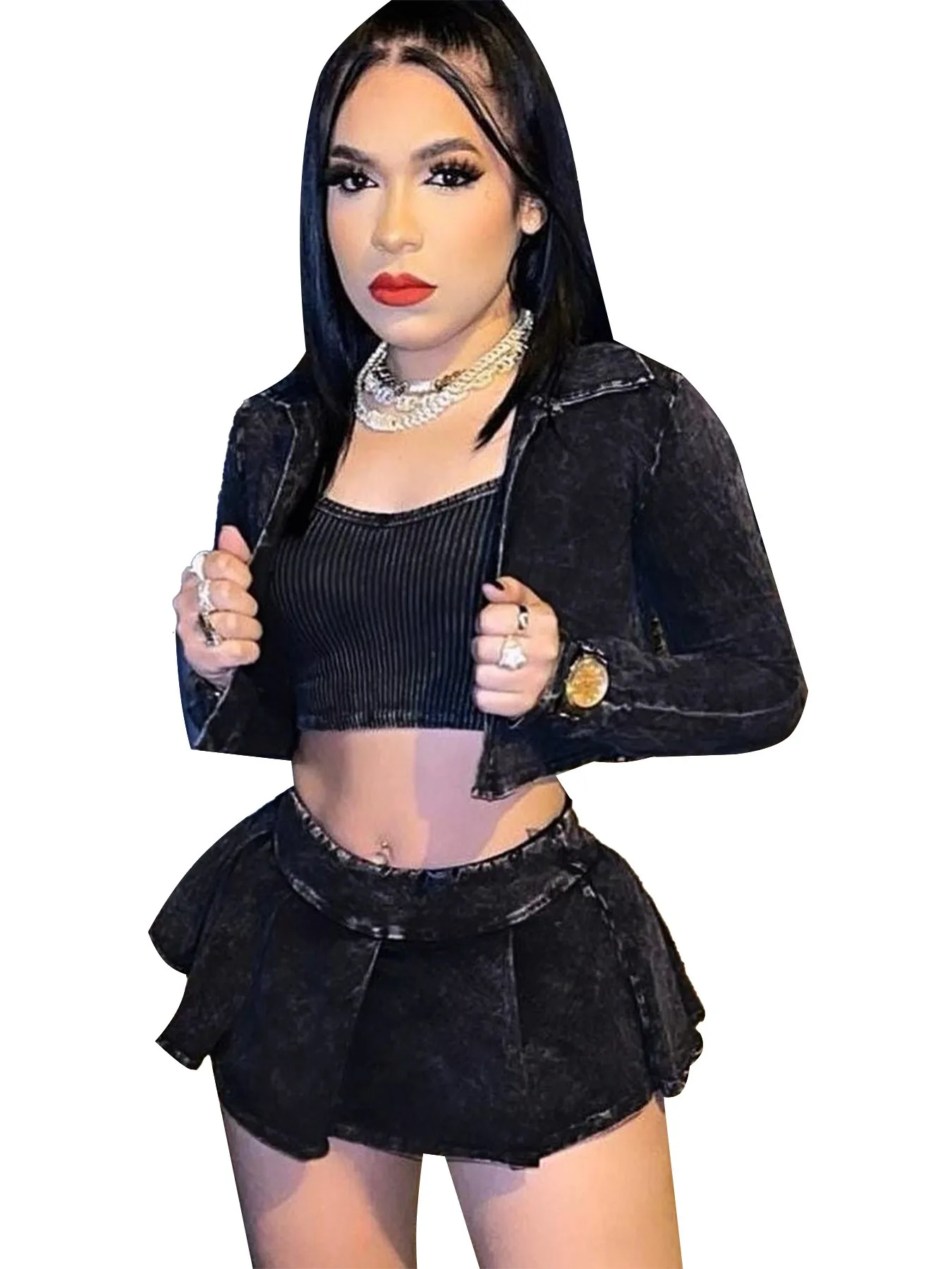2024 Spring  Outfits Sexy 3 Pieces Set Women Long Sleeve Washed Shirts and Mini Skirts+Pants and Tank Top