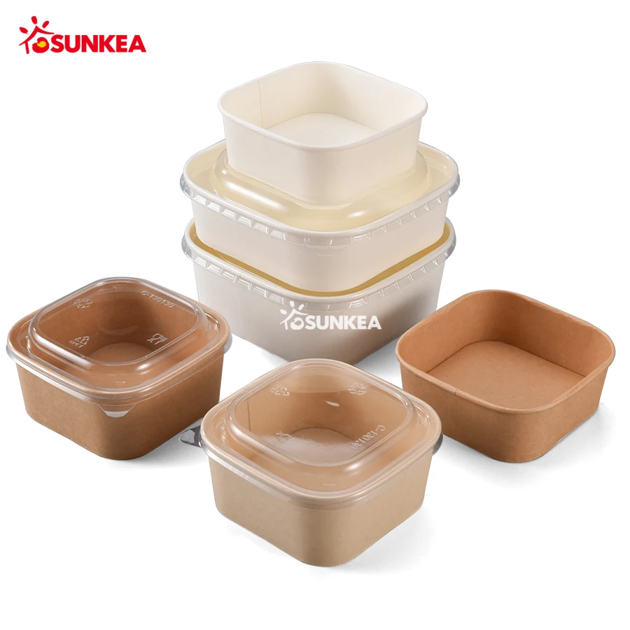 emballage fast food packaging square kraft paper salad bowl with PP lid and PET lid