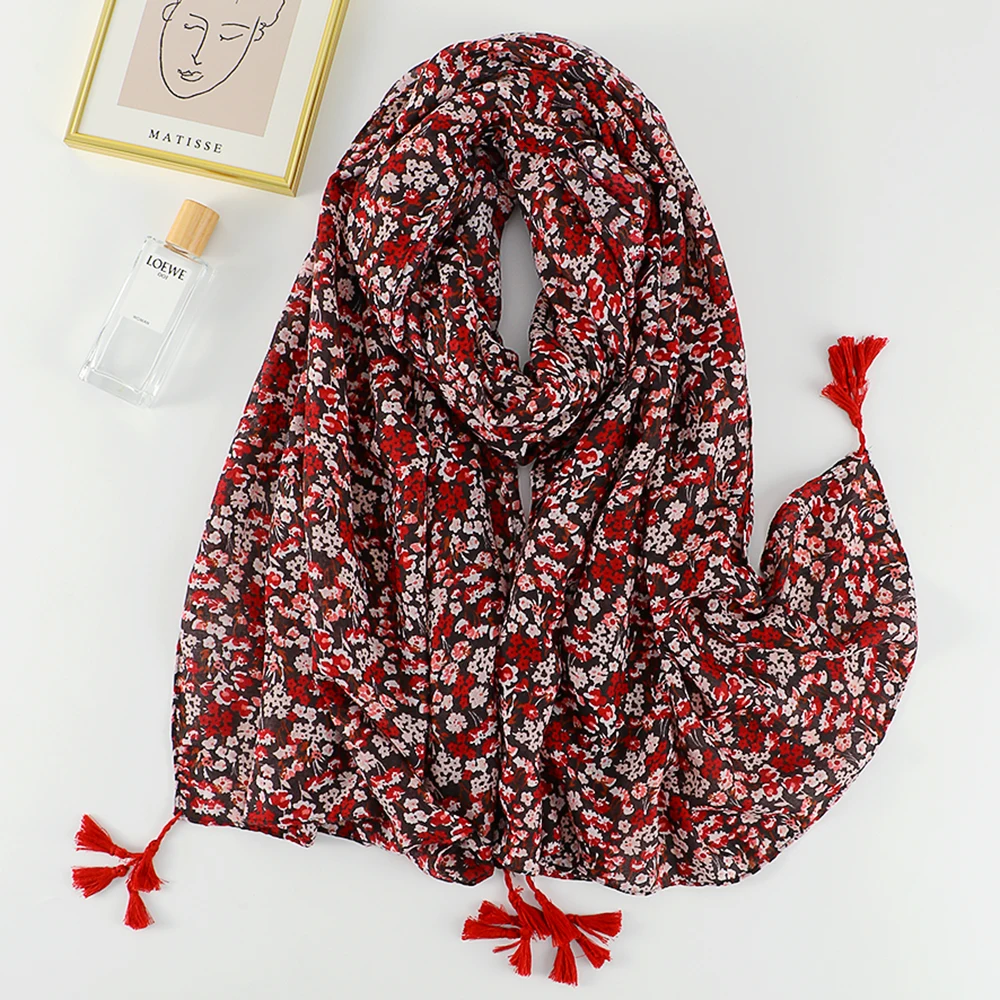 New Style Muslim Woman Scarf Shinning Tudung Long Printed Flower Cotton Viscose Hijab Shawls With Tassels
