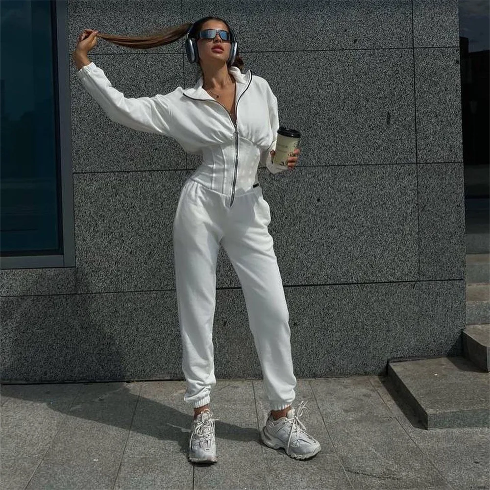 2023 Custom Uniform Casual Lapel Long Sleeve Zip Up Hoodie Workout Jumpsuits For Women 2023 Pants Set
