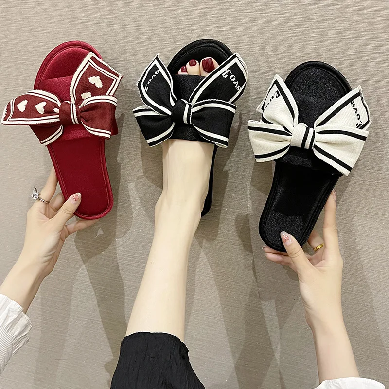 Fashion Open Toe Bow Slides Silk Summer Sandals Satin Bridesmaid Bride Slippers Wedding
