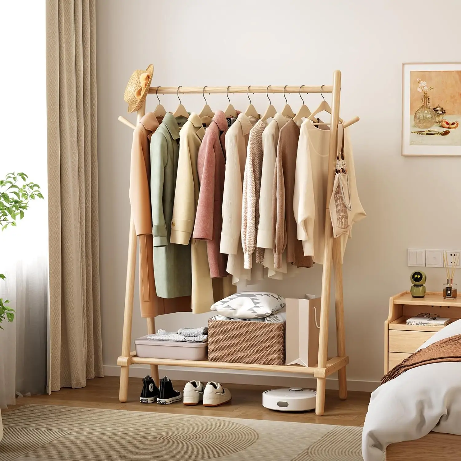 Solid Wood Clothes Rack, Clothing Rack with Shelf and Hook, Sturdy and Portable, Garment Rack for Hanging Clothes,Coats