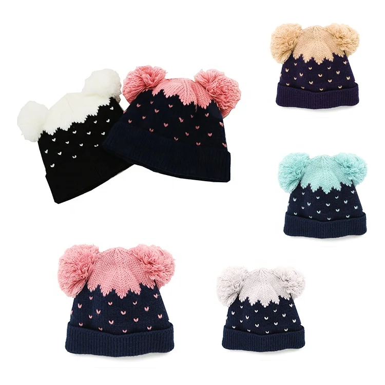 Baby Beanie for Girls Boys Jacquard Knit Winter Hat Cozy Lining Skull Cap Double Pom Pom Hats Toques Unisex Wholesale