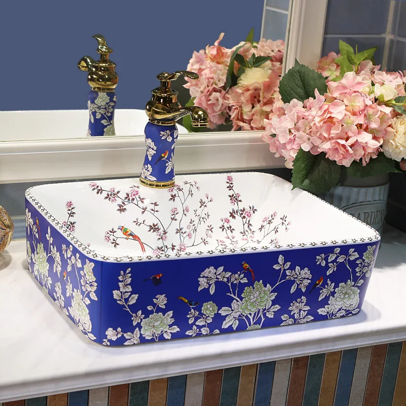 Ceramic Rectangular Bathroom Vessel Sink, Above Counter Porcelain Small Sink with Faucet Combo, Color Body with Trim on The Top