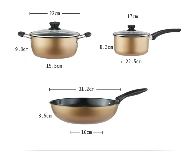 Hot Sell 3-Piece Kitchen Supplies Non-stick Pan Multi-purpose Cooking Pot Cookware Set
