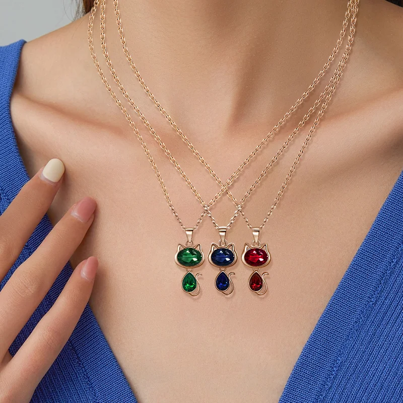 2024 Hot Sale Mimi Love Cat Pendent Oval Pear Cut Moissanite Lab ruby sapphire emerald 10K Yellow Gold Necklace