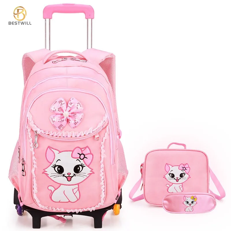 BESTWILL 3 in 1 Back to School Backpack Set School Bag Kids 2 Wheel Trolley Luggage School Bags for Girls