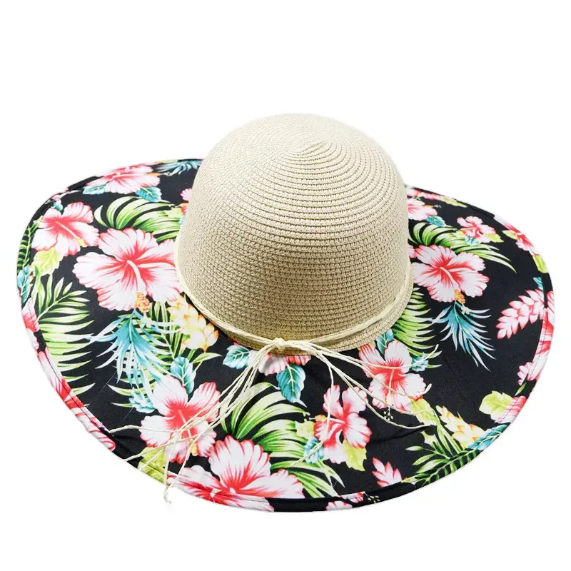 Custom Logo Sun Production UPF50 Travel Wide Brim Beach Paper Straw Hat Women Summer Floppy Bag and Hat