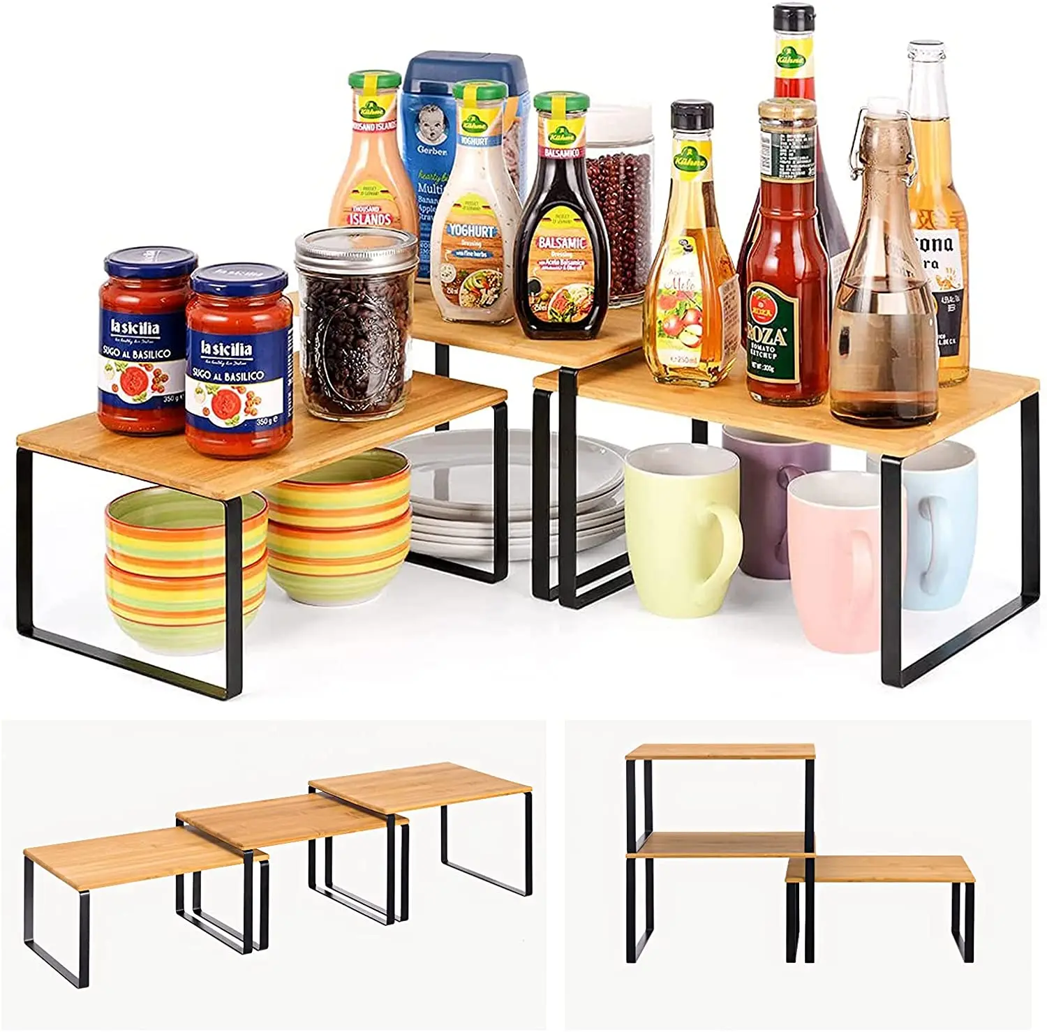 Bamboo Shelf Wooden Spice Rack 3 Tiers Stackable And Expandable Desktop Bamboo Shelving Organiser Spice Storage Rack For Counter