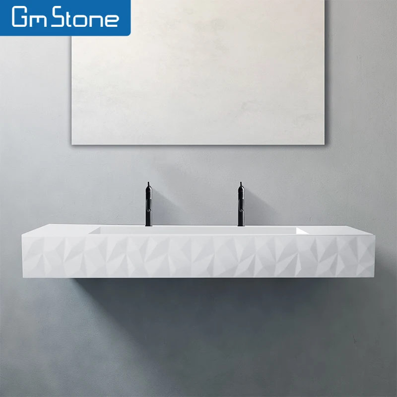 Modern Elegant Rectangular Diamond edge Artificial Stone Solid Surface Sink New Sanitary Hand Wash Wall-Hung Resin Material