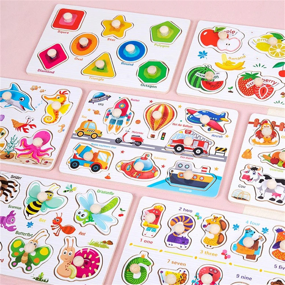Hot Sale Montessori Educational Children Cartoon Animal Alphabet Fruit Topic Jigsaw Board DIY Hand Grab Wooden Peg Puzzle Toys