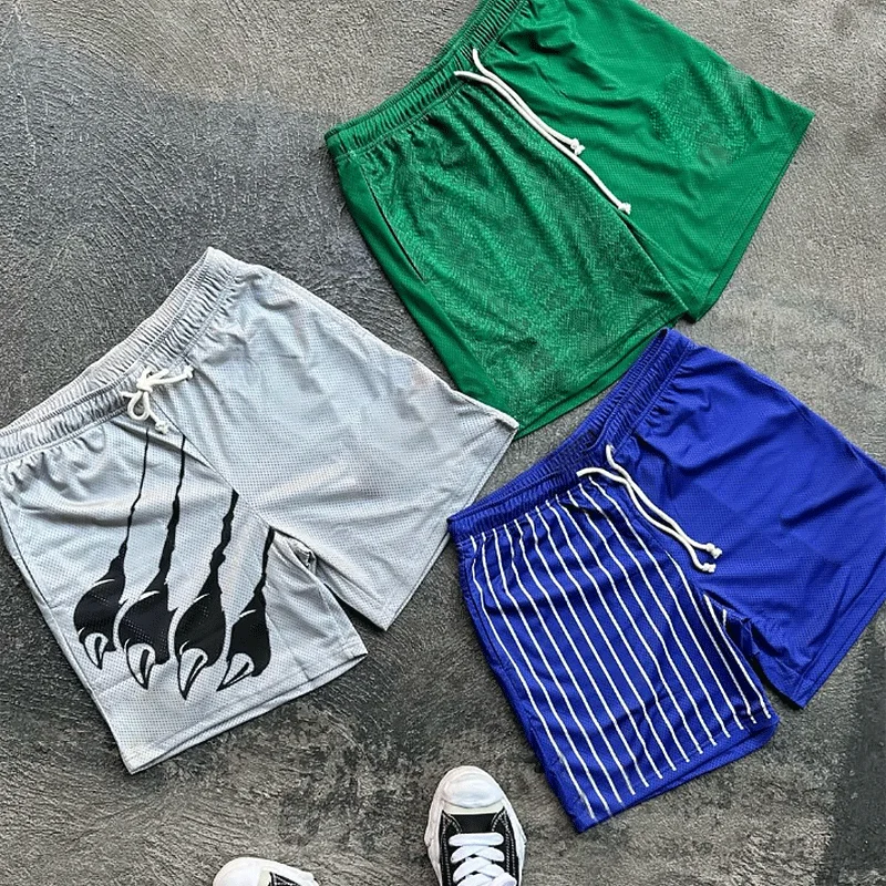 Custom Logo Wholesale Street Hip-Hop Multi-Line Basketball Drawstring Trendy Pants Sports Fitness Blank Mesh Shorts for Men
