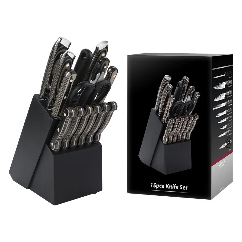 CATHYLIN 15 Pcs Professional Chef Tool Set Metal Stainless Steel Kitchen Knife Set with Wood Handle Block Color Box for Kitchen