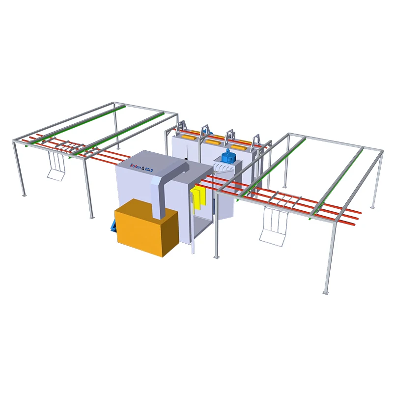 Manual electrostatic powder coating plant with powder coating booth and oven and conveyor