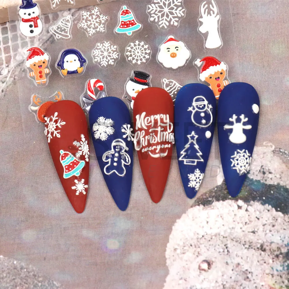 Low price 5d nail art stickers Christmas white snow flake embossed 5d nail decals