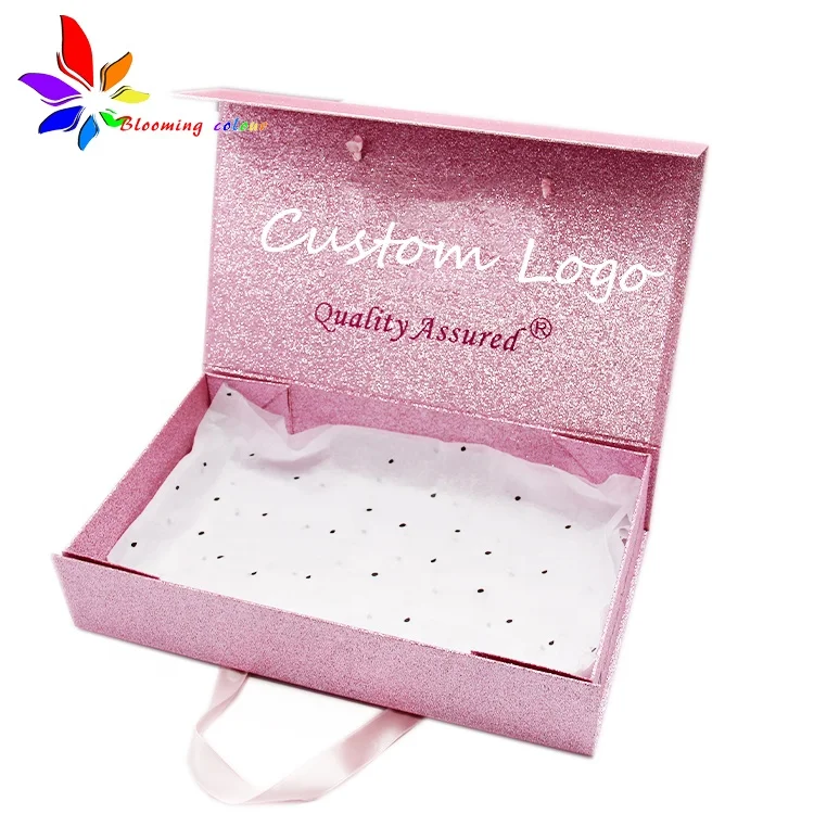 New arrival wholesale pink glitter foldable flat paper board magnetic package box with handle