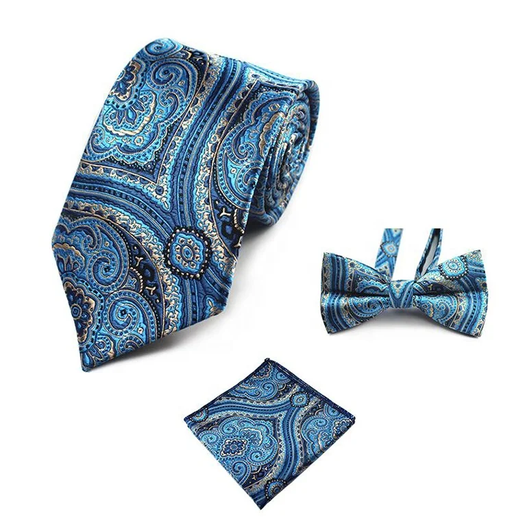Mens Silk Tie Cravat Necktie 3-in-1 Set with Bowtie and Handkerchief Pocket Square Party Gifts for Men Wedding Dress Accessories