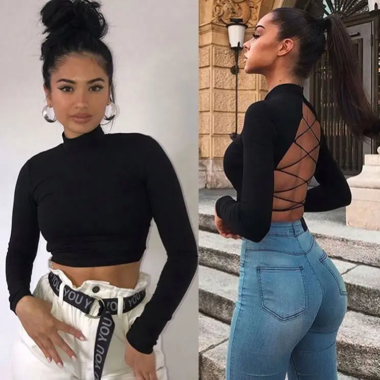 Fashion Sexy Black Backless Ladies Tops Halter Long Sleeve Fall Tops For Women  T1155