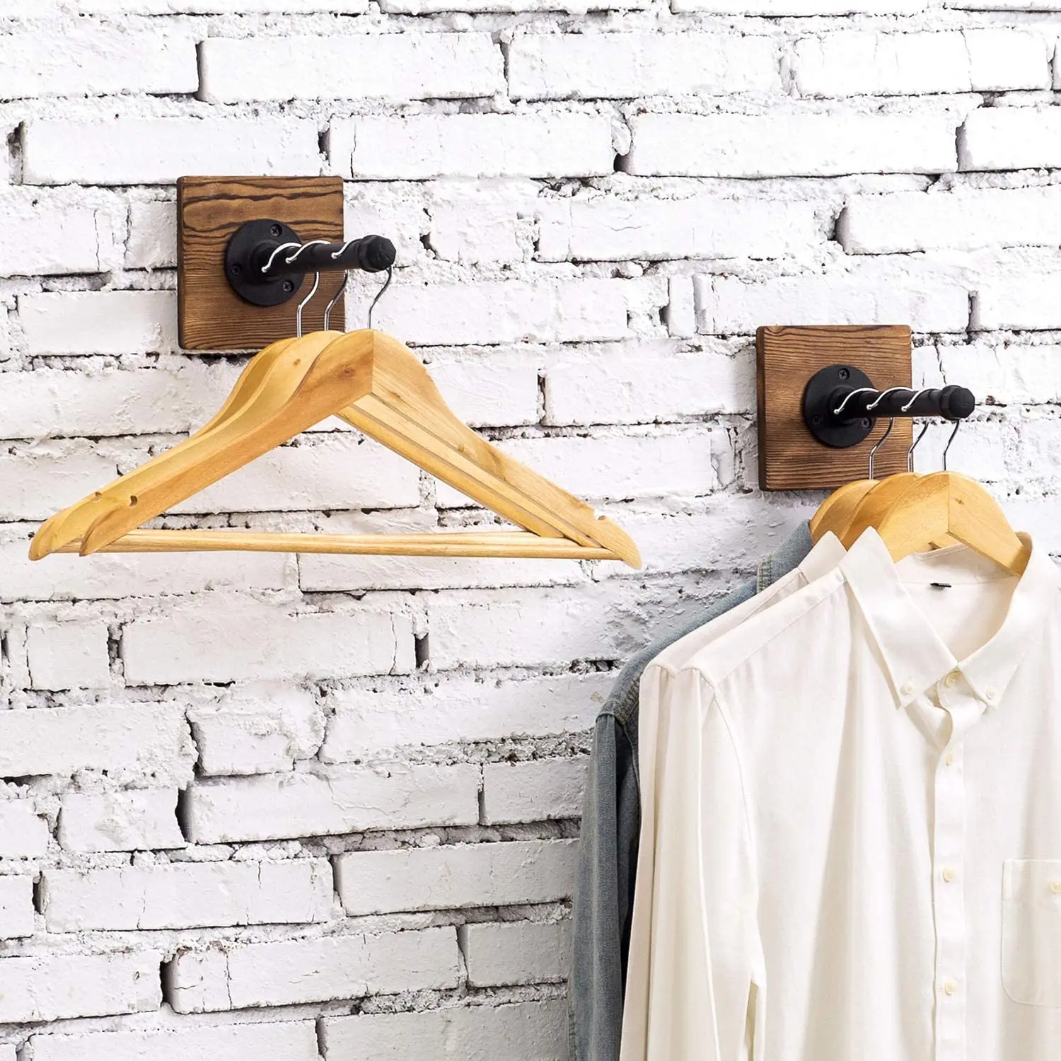 Industrial Metal Pipe & Burnt Wood Wall Mounted Clothing Coat Garment Rack Hanger Hooks