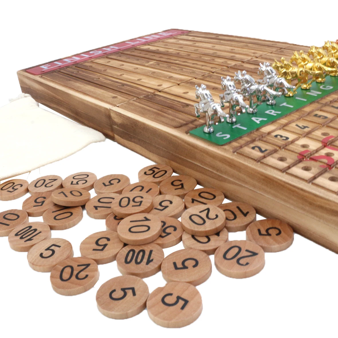 Thickened Solid Wood 11 Luxurious Durable Classic Metal Horses 2 Dice and 1 Boxes of Cards Horse Racing Game Horse Race Board