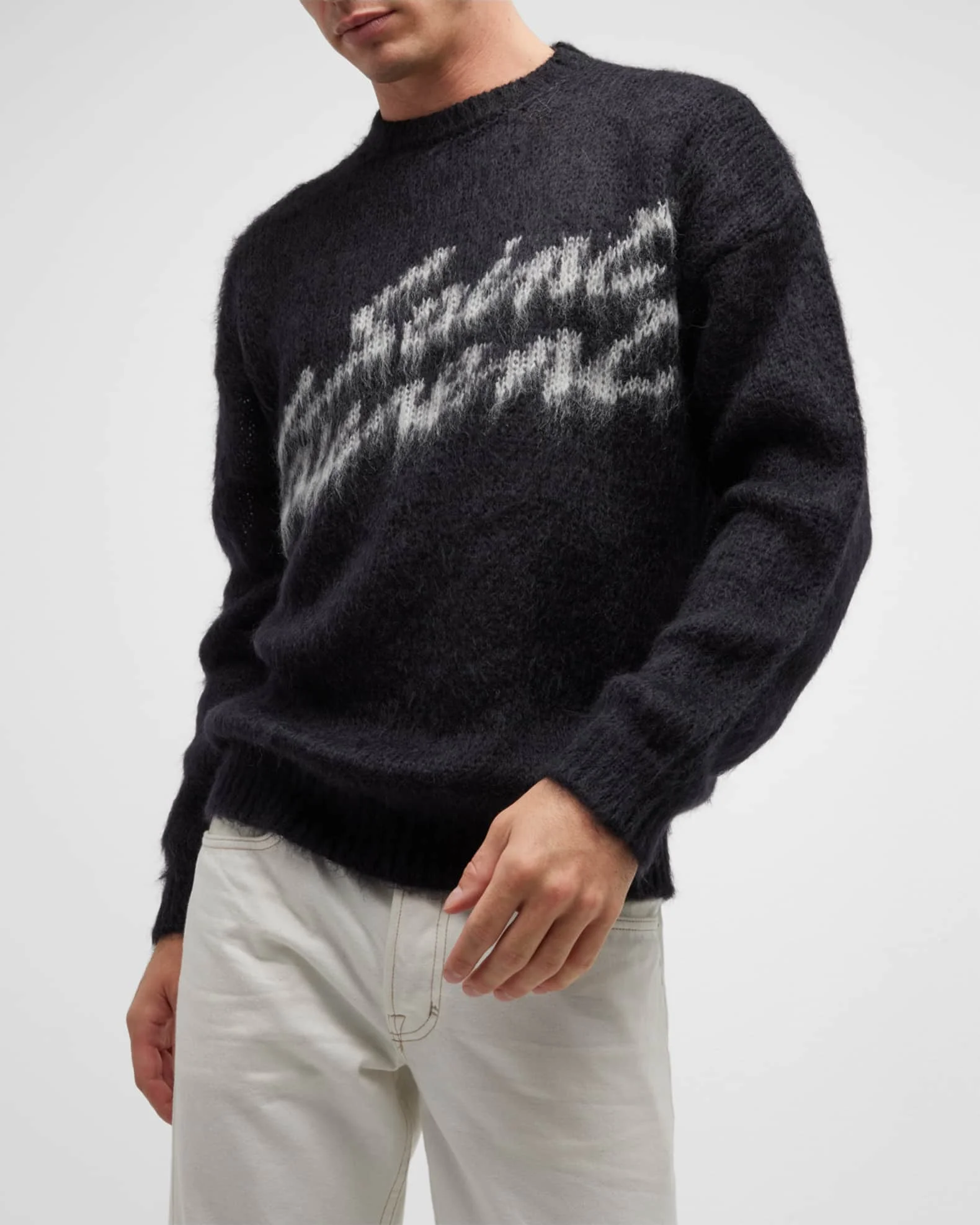 Nanteng Custom Logo Oem Popular Mohair Woll Design Casual Crew Neck For Knit Fuzzy Blend Jacquard Men Pullover Sweater