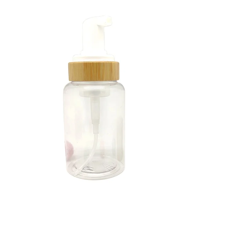 hot sale 150ml empty clear color bamboo collar plastic foaming soap foam pump bottle with bamboo lid