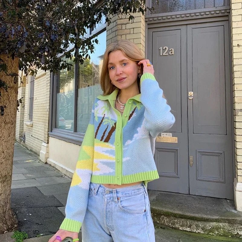 Custom OEM & ODM Sweater women Jacquard design knitwear ladies Knitted Girls cotton knit top women cardigan sweater coat