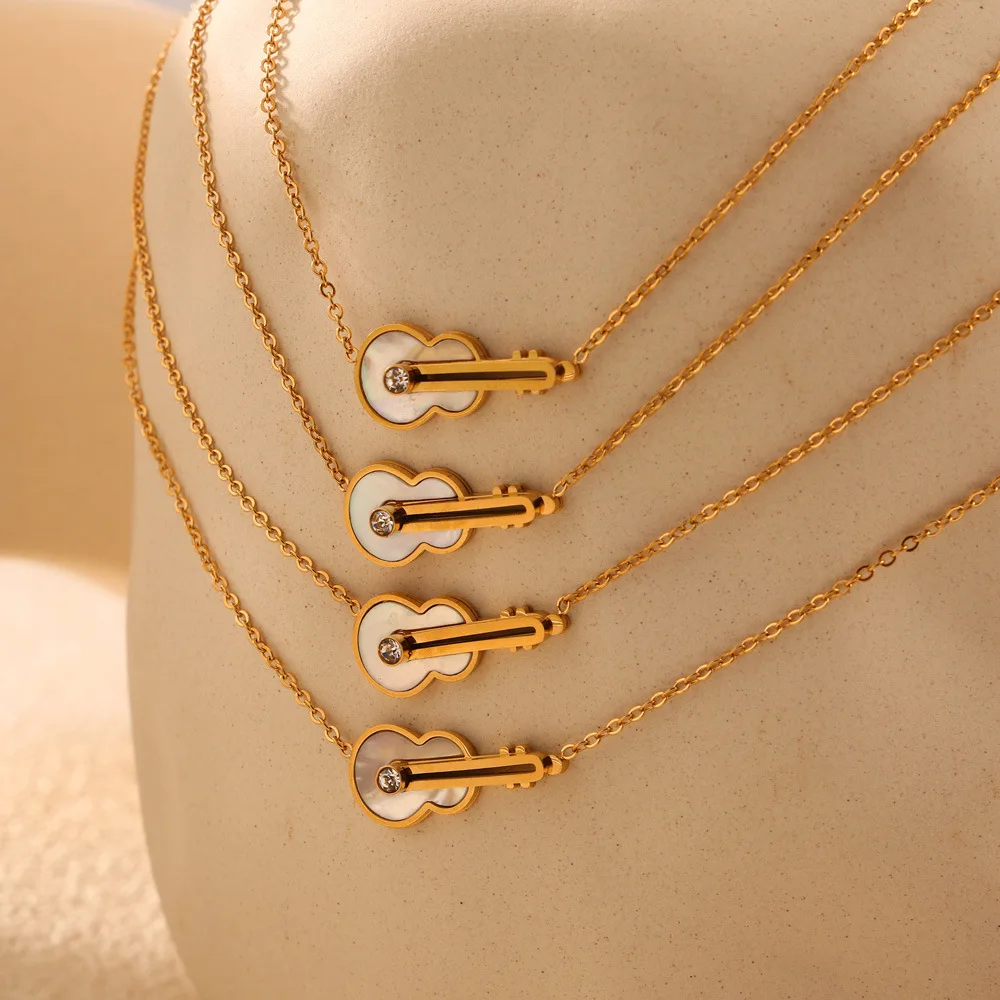 Simple Stainless Steel Gold Plated  White Shell Musical Instrument Guitar Violin Shape Cubic Zirconia Pendant Necklace for Women