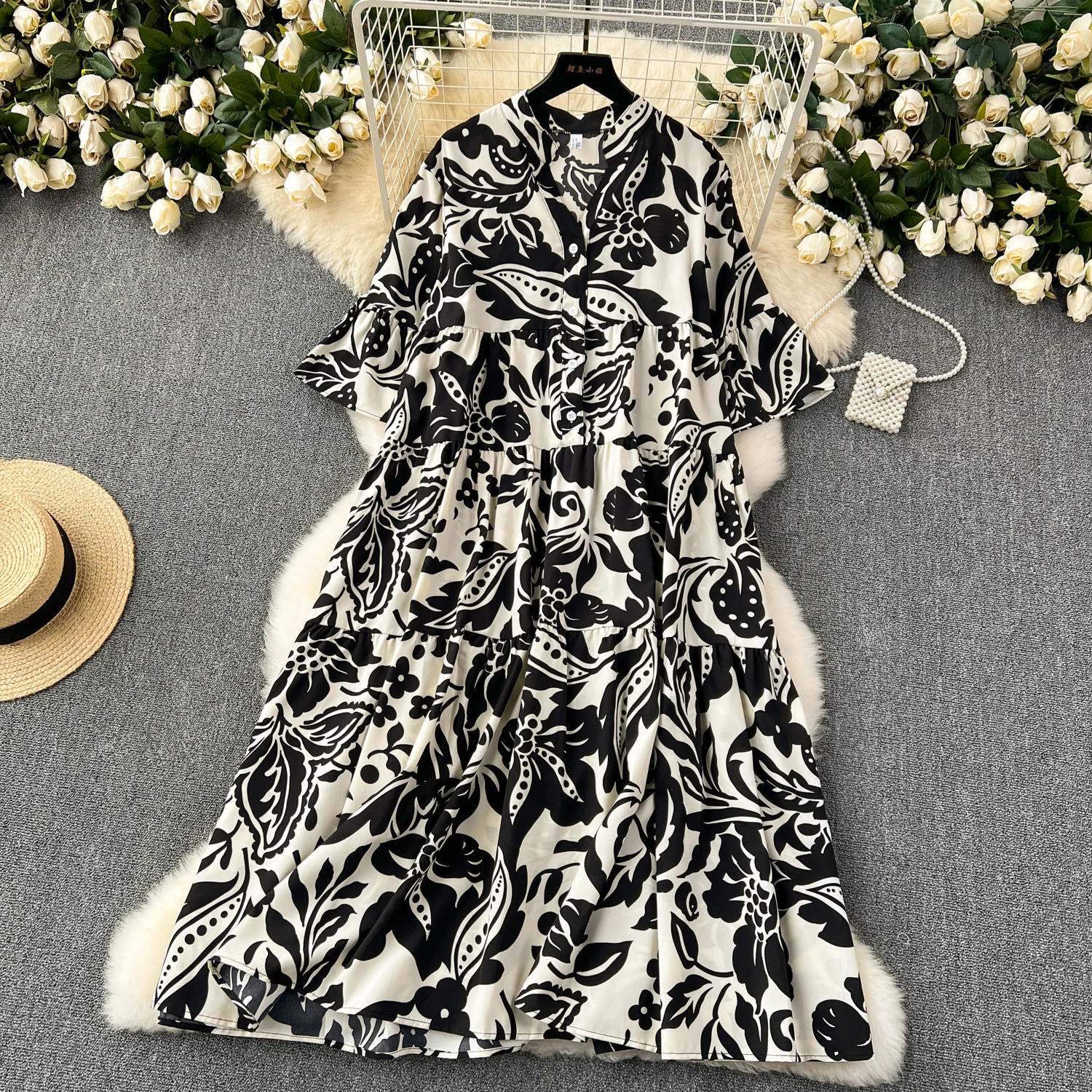 New European And American Style Round Neck Short Sleeve Printed Belt Elegant Dress