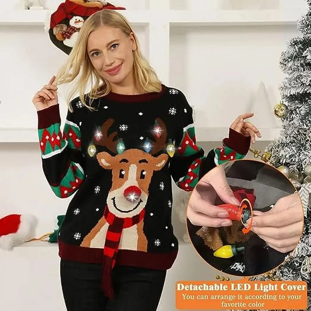 Custom Knit Jacquard Ugly Christmas Sweater Led Lights Up Unisex Green Woman Vintage Merry Christmas Santa Sweater