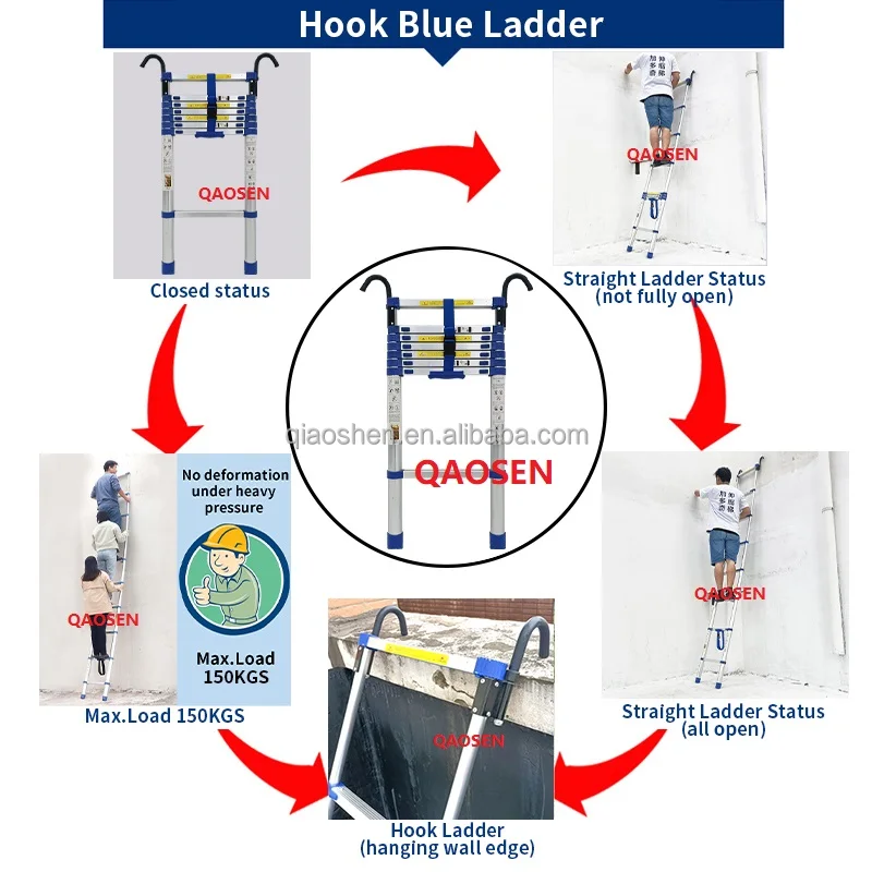 Blue Step Space 30cm 10CM Hook Telescopic Ladder Aluminium Straight Folding Round Feet Balance Bar EN131