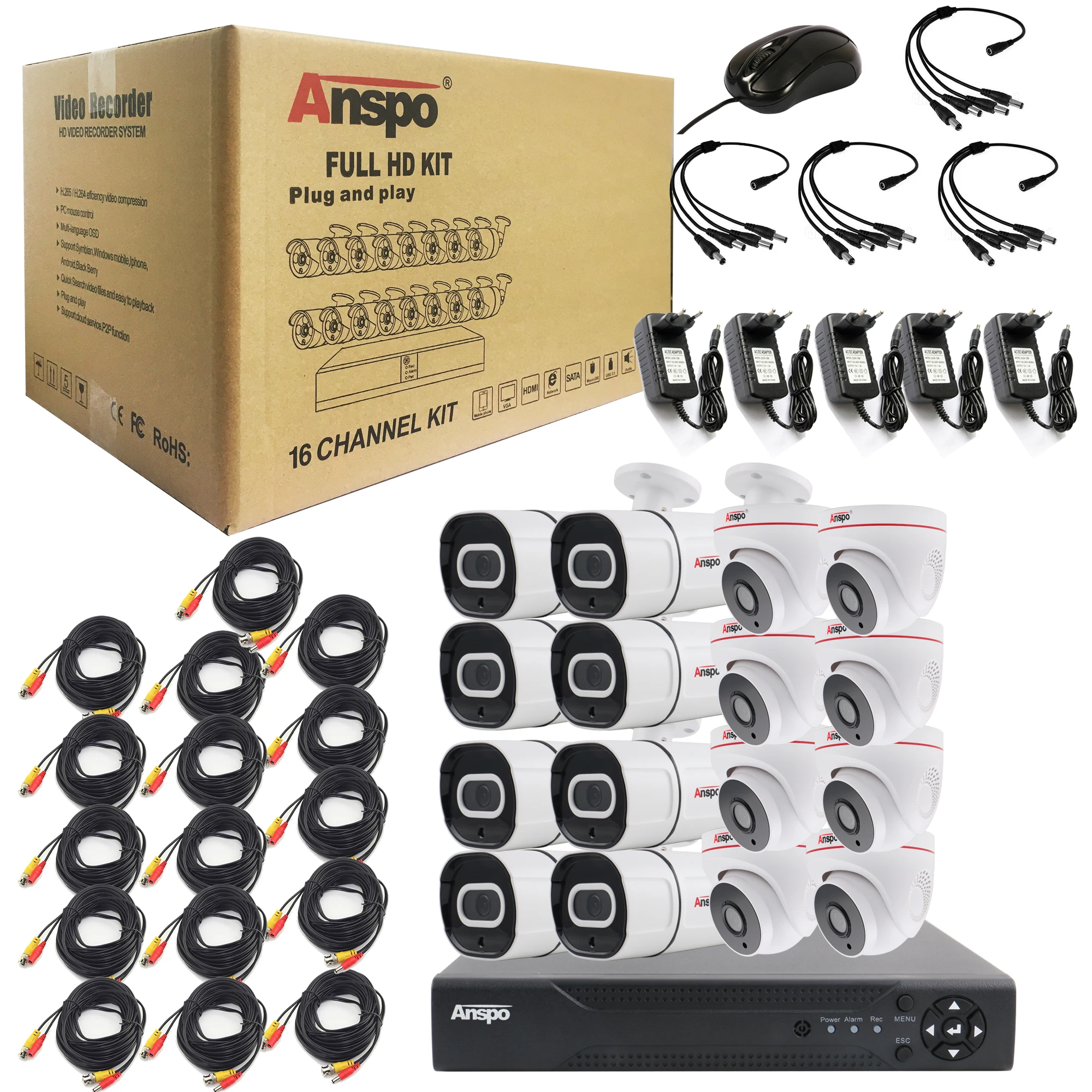 AHD 16 Channel 5 MP 1080P CCTV CAMERA Kit XVR Outdoor Security Camera System With Audio 16CH  8PCS OUTDOOR & 8PCS INDOOR PACKAGE