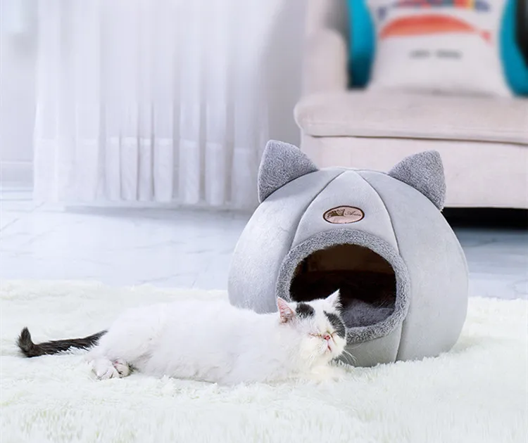 NPET Semi-Enclosed Cat Nest Bed House Folding Pet Dog Bed Tent Warm Soft Plush Kitten Bed Cave for Sleeping Winter