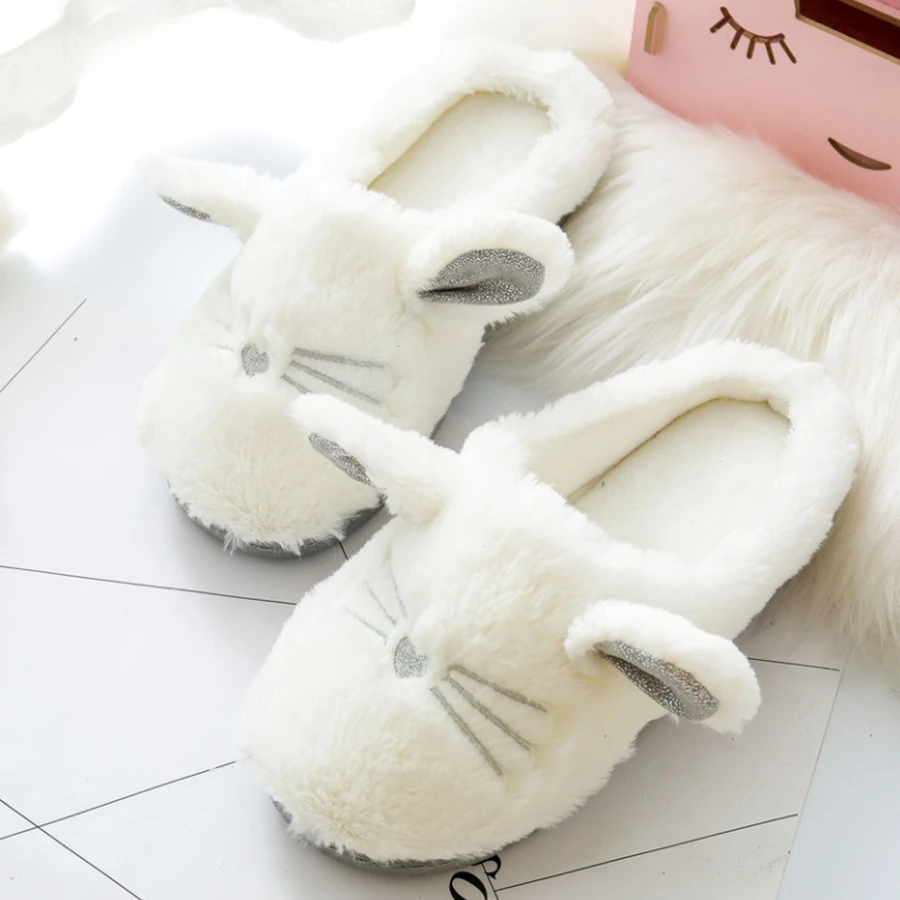 Cute Cat Winter Women Home Slippers For Indoor Bedroom Soft Plush Bottom Slipper Cotton Warm Shoes House Christmas Gift