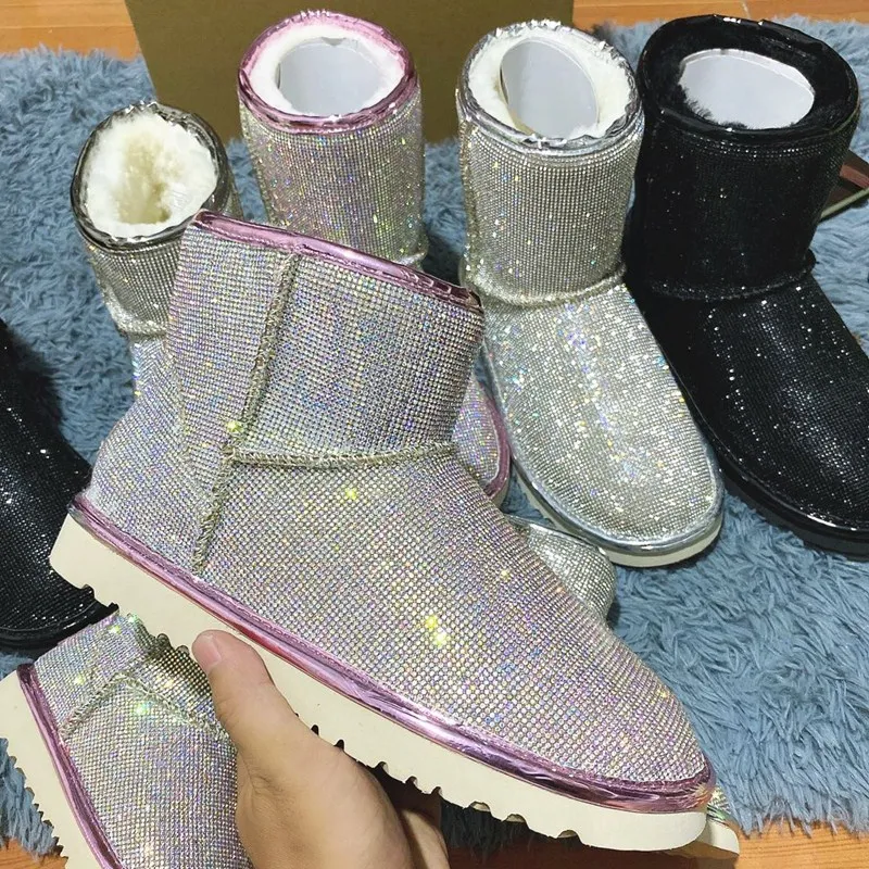 2021 Custom Fashion Rhinestone Winter Shoes Outdoor Anti-skid Short Sheepskin Fur Snow Boots For Women