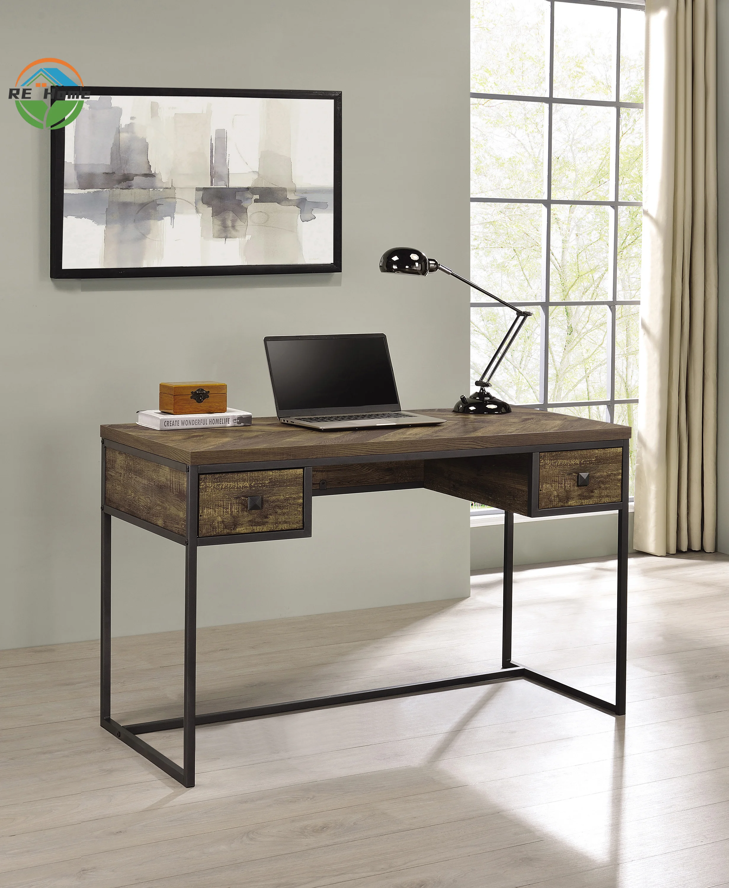 2-drawer Writing Desk Rustic Oak Herringbone and Gunmetal  Home Computer Table Simple Office PC Desk Wooden