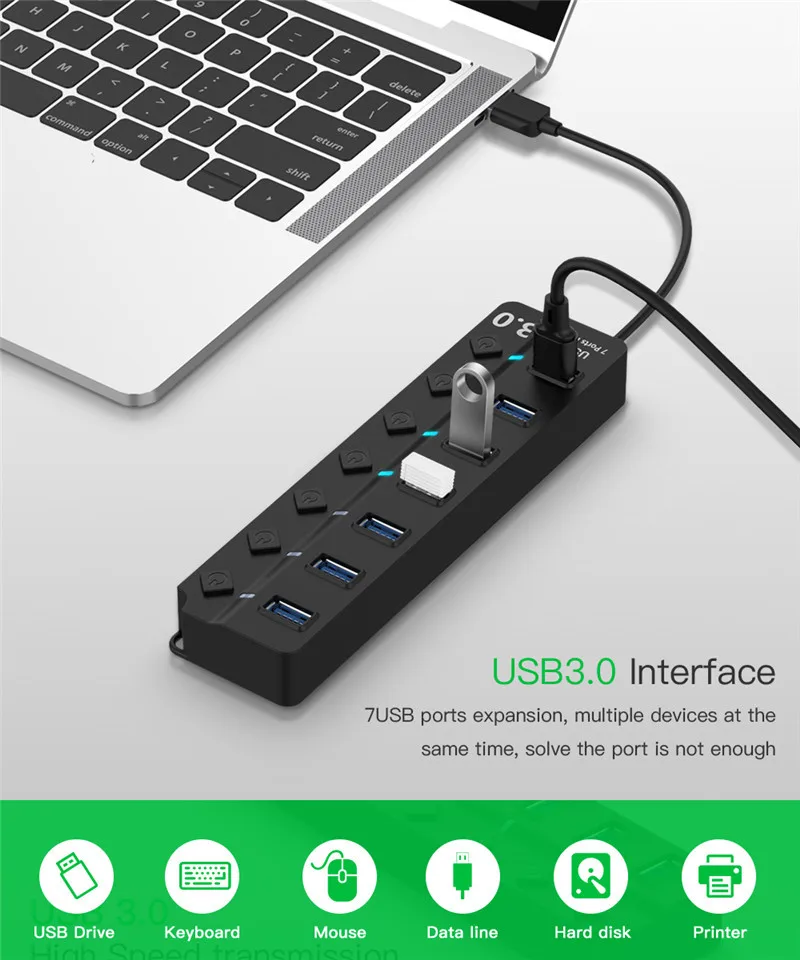 high speed Usb 3.0 Splitter Multiport Adapter 7 Ports Usb Hub With Power Adapter For Laptop Computer