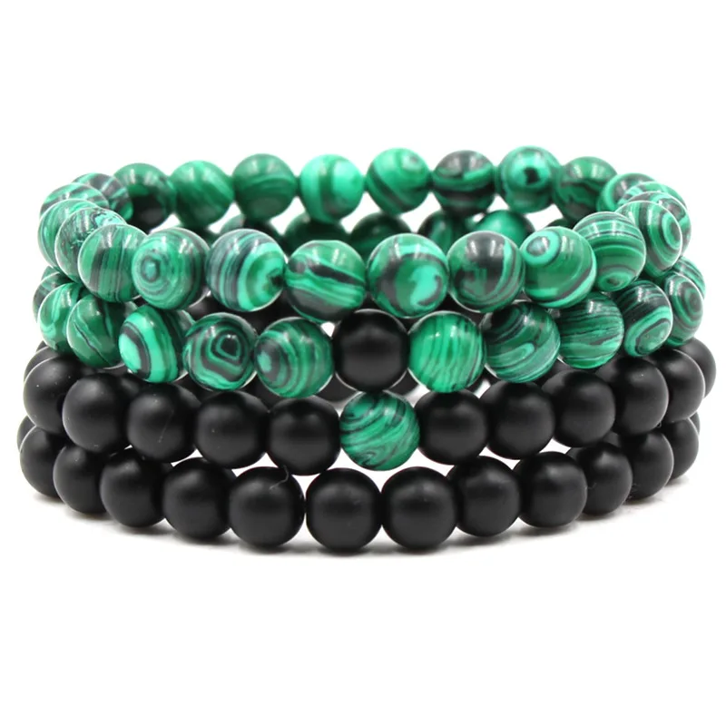 Factory hot selling 8mm matte black frosted stone malachite couple stretch beaded bracelet