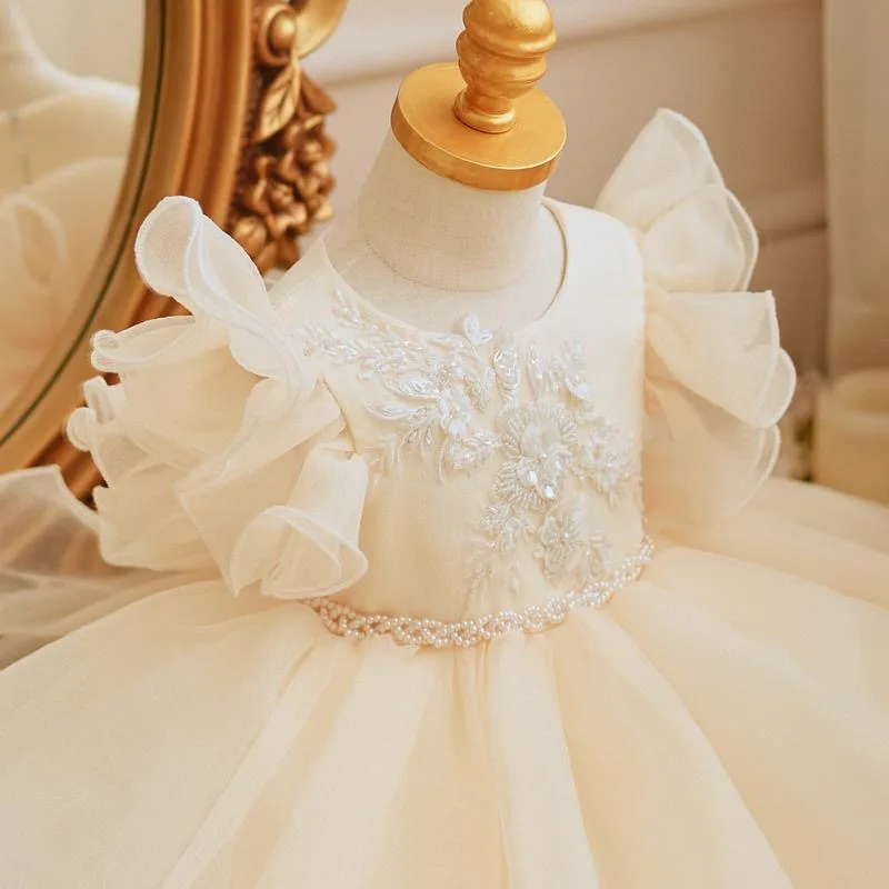 Boutique Fall White Bow Embroidery Satin Kids Communion Frock Flower Girls Dresses Baby Birthday Party Gown Children Clothing
