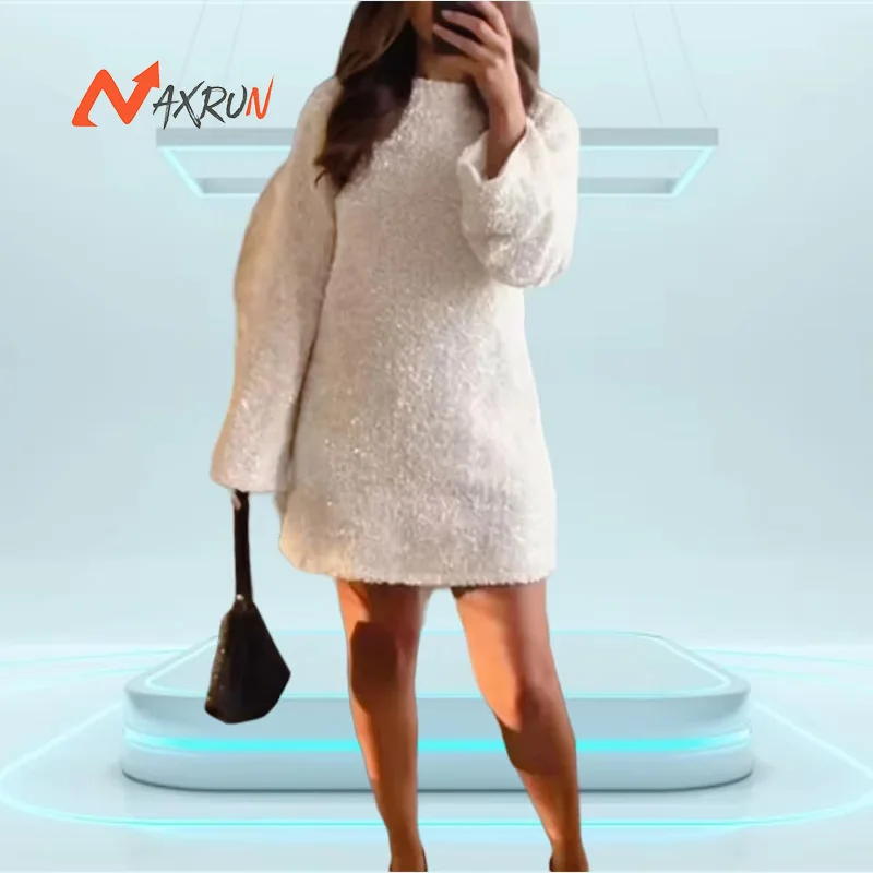 Streetwear Long Sleeve Loose Plus Size Sexy Short Shiny Dress Round Neck Sequin Party Outfit Sequin Shirt Mini Dress